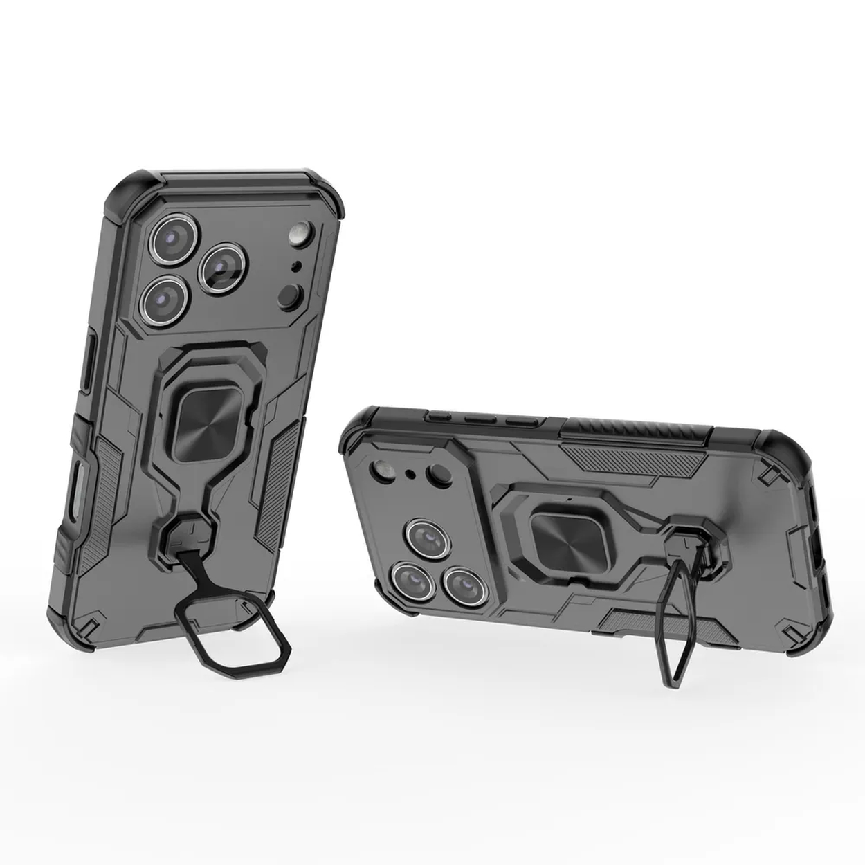 Twee donkergrijze telefoonhoesjes met ringhouders worden weergegeven. Eén staat rechtop, de andere ligt op zijn kant, beide tegen een witte achtergrond.