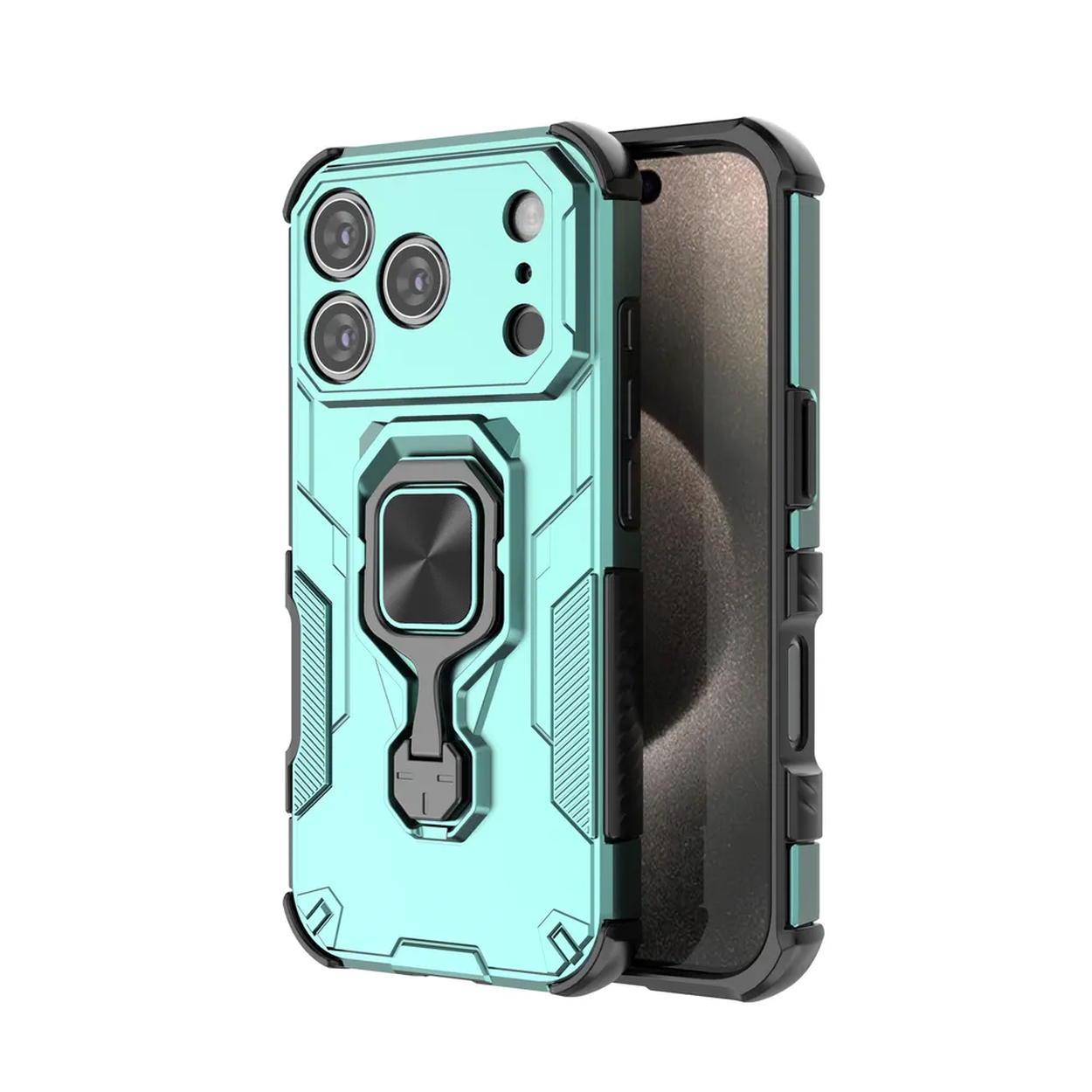 Een turquoise telefoonhoesje met een zwart frame, ringhouder en camera-uitsparingen. Het scherm van de telefoon is zichtbaar.