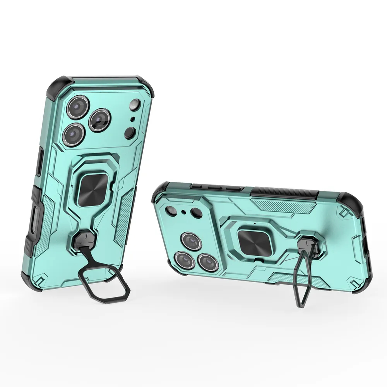 Twee turquoise telefoonhoesjes met zwarte accenten worden weergegeven. Eén staat rechtop, de andere ligt achterover, beide met ringhouders.