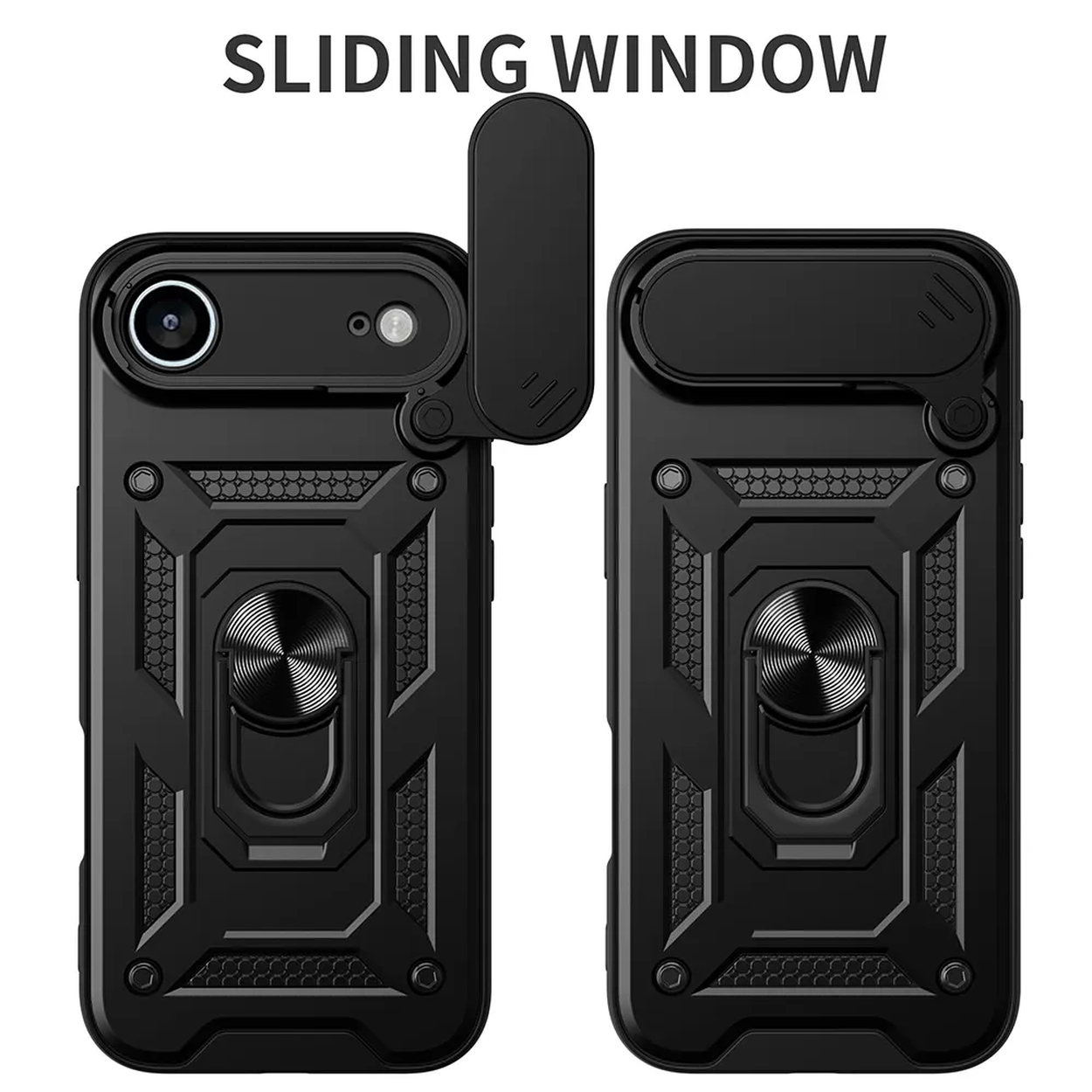 Twee zwarte telefoonhoesjes met schuifbare camerahoesjes. Elk heeft een ringhouder en een gestructureerd, geometrisch ontwerp.