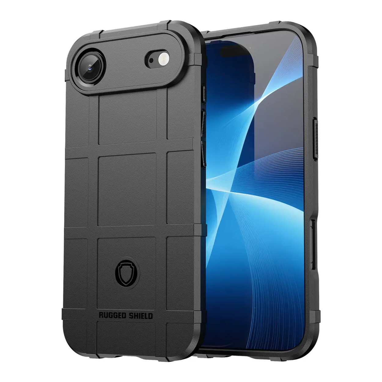 Zwarte telefoonhoes met robuust ontwerp, cameralens en blauw scherm zichtbaar. 'Rugged Shield' staat onderaan.
