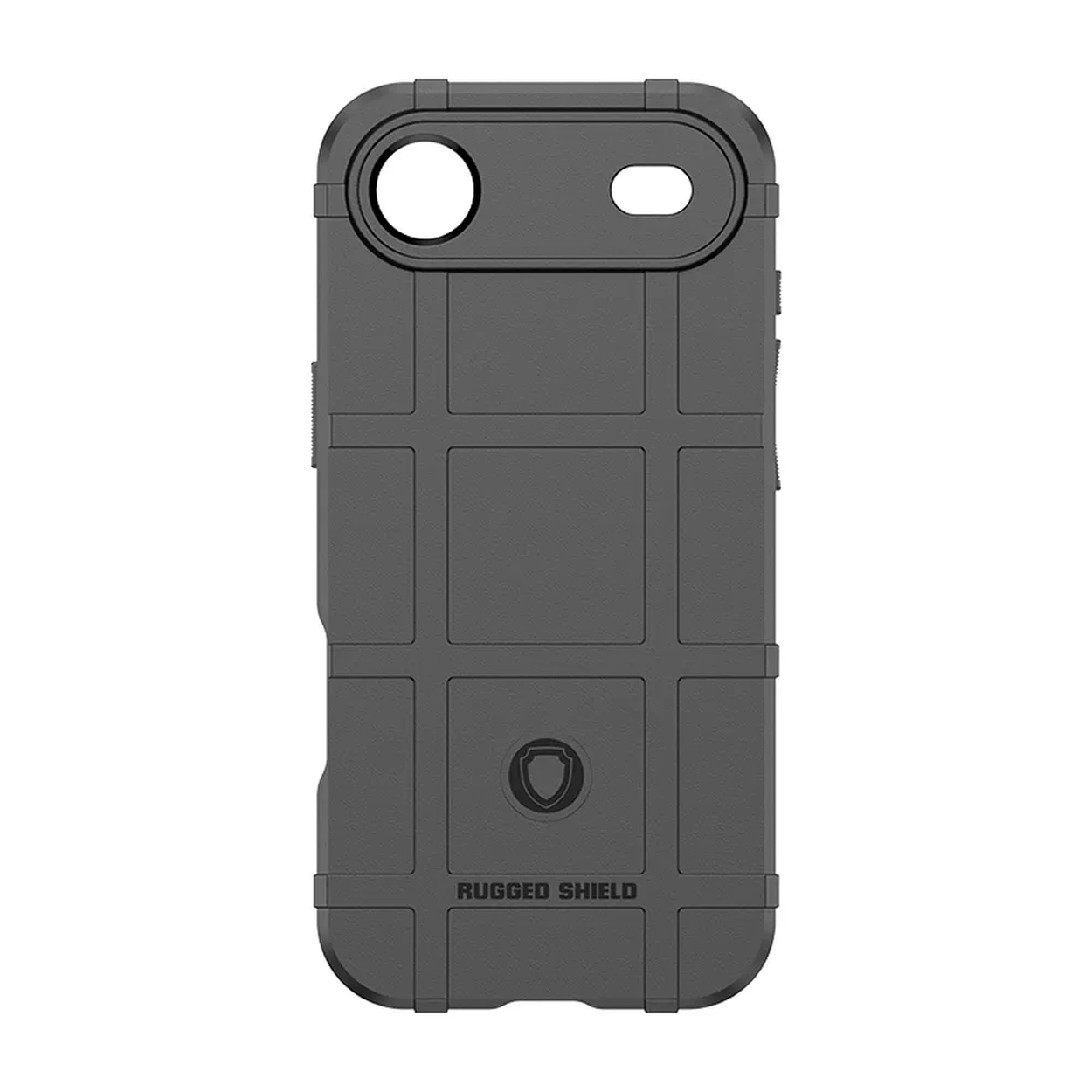 Een donkergrijze telefoonhoes. Het heeft een cameragat en een rasterpatroon. De onderkant leest 'Rugged Shield'.