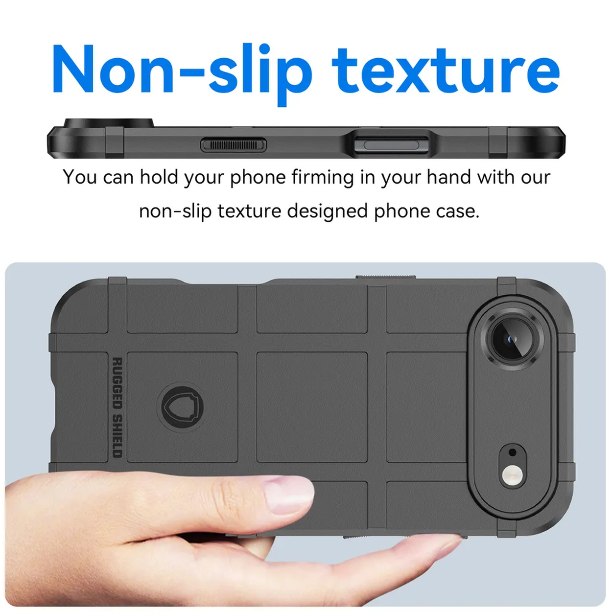 Een hand die een grijze telefoonhoes vasthoudt. De hoes heeft een antislip textuur. De achtergrond is wit met tekst over de hoes.
