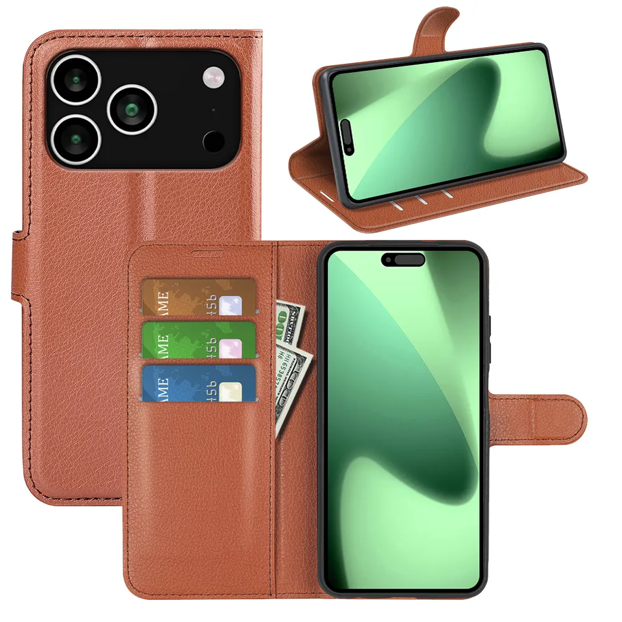 Een bruine leren telefoonhoes met een telefoon erin. De hoes heeft kaartsleuven en een biljet. Het telefoonscherm is groen.