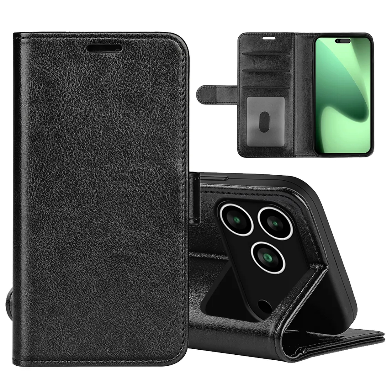 Étui de téléphone en cuir noir ouvert, montrant le téléphone et les fentes pour cartes. Le téléphone a un écran vert.