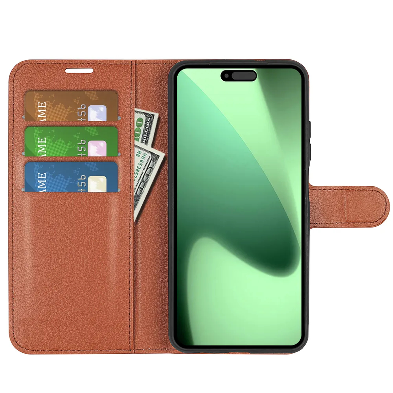 Een bruine telefoonhoes met een telefoon, creditcards en een dollarbiljet. Het telefoonscherm is groen.