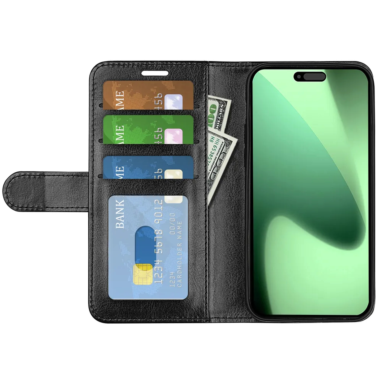Étui de téléphone noir avec téléphone et cartes. Le téléphone a un écran vert. Plusieurs cartes de crédit sont visibles.