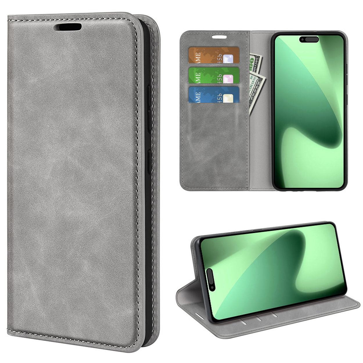 Grijze telefoonhoes met kaarten, telefoon en geld erin. Telefoon is groen. Hoesje is open en dicht in verschillende weergaven.