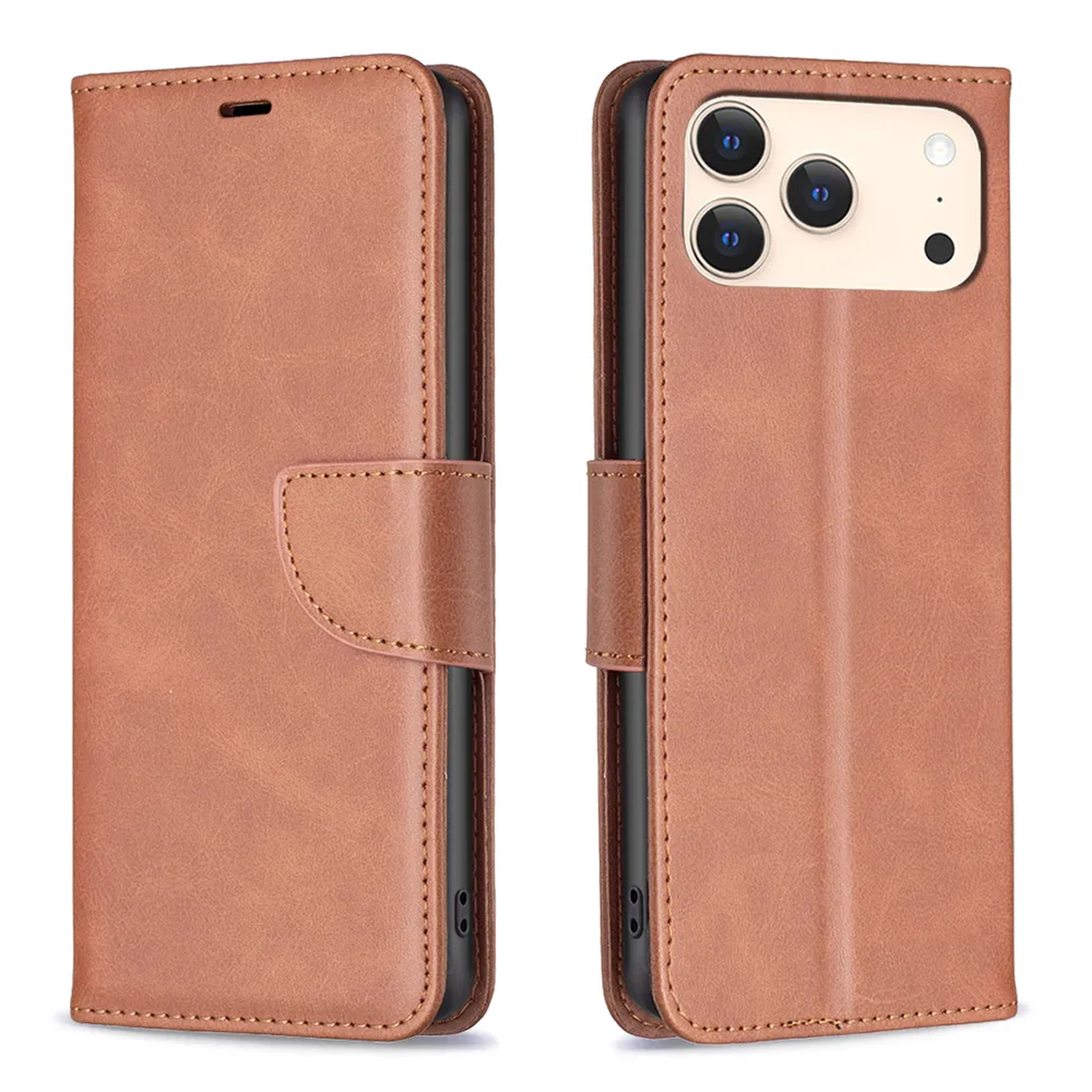 Een bruine leren telefoonhoes wordt open en dicht getoond. De gesloten hoes heeft een magnetische riem. De open hoes toont de camera van de telefoon.