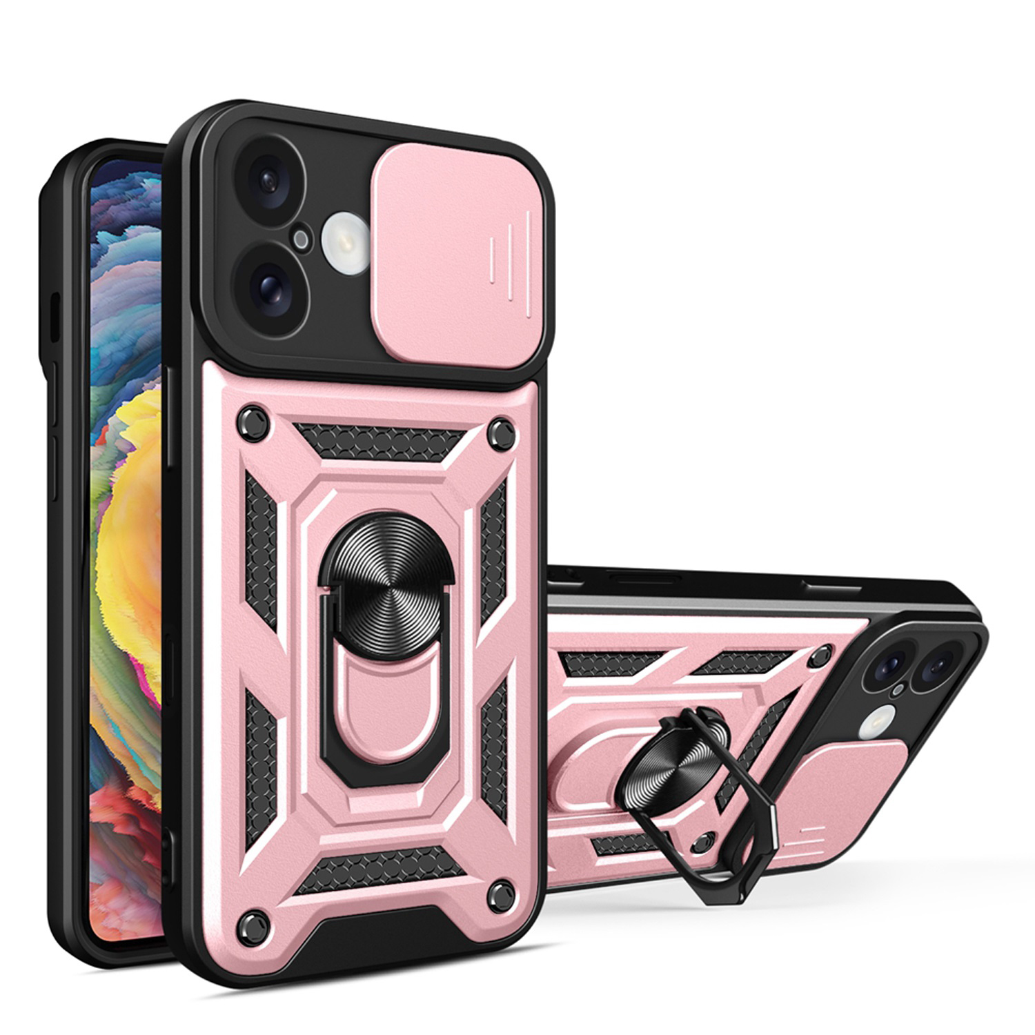 Roze en zwarte telefoonhoesjes. Eén staat, de andere ligt. Beide hebben cameralenzen en ringhouders. Zwart-roze kleurenschema.