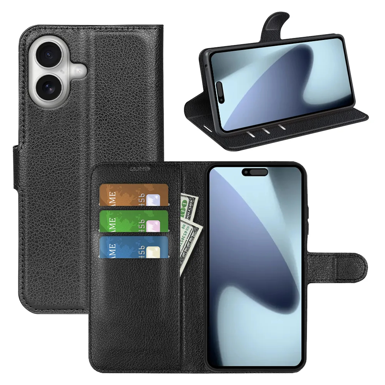 Zwarte leren telefoonhoes met meerdere telefoonweergaven. Kaarten en geld zitten in de hoes.