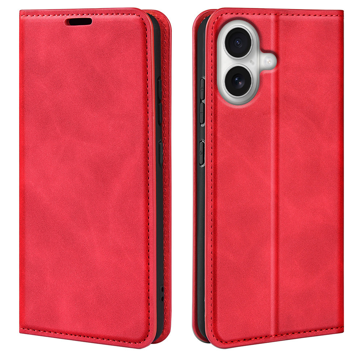 Un étui de téléphone rouge, ouvert pour révéler le téléphone. L'étui est en similicuir avec des coutures. Le côté du téléphone a des lentilles.