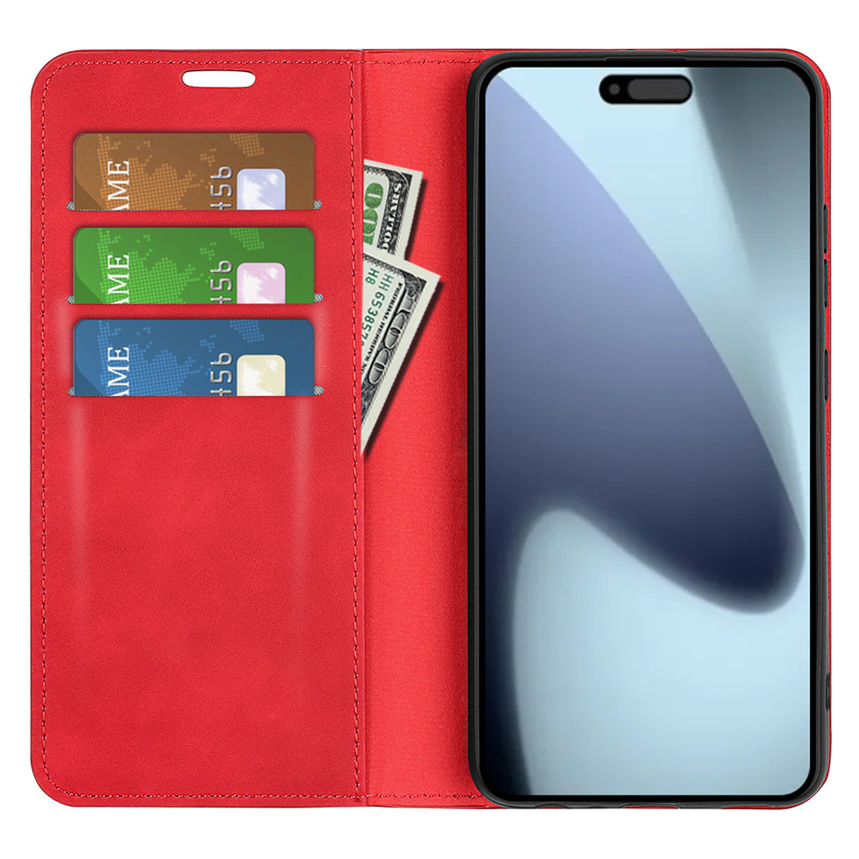 Étui de téléphone rouge avec un téléphone à l'intérieur. L'étui a des fentes pour cartes et un compartiment avec des billets de dollars.