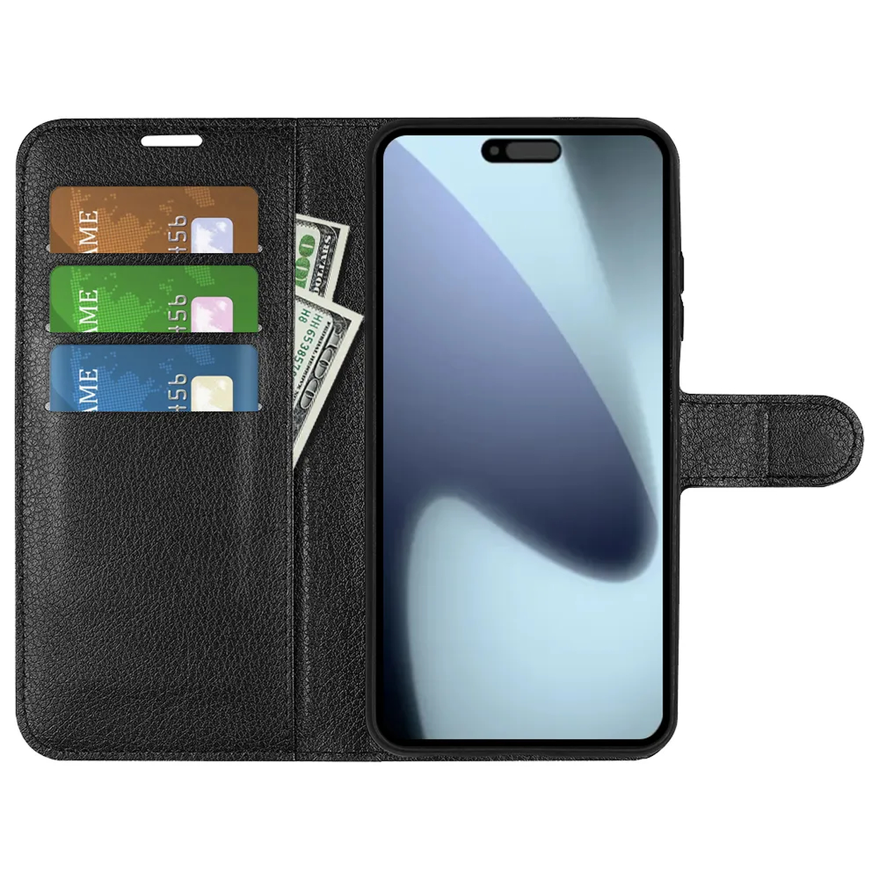 Een zwarte telefoonhoes met een telefoon erin, drie kaarten en een dollarbiljet. De hoes is open. Het scherm staat aan.