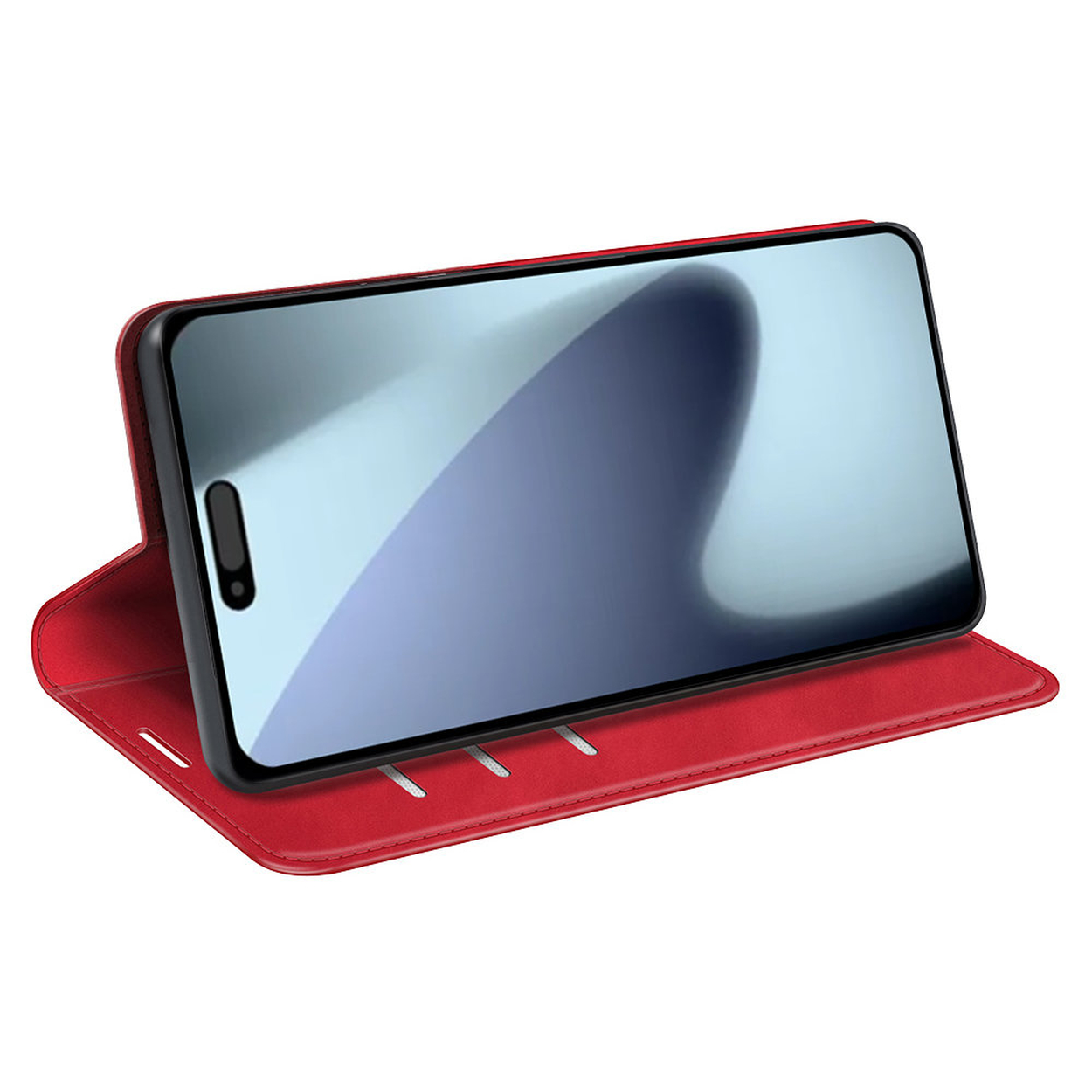 Un smartphone dans un étui rouge. L'écran du téléphone est allumé, affichant une image floue. L'étui est ouvert.