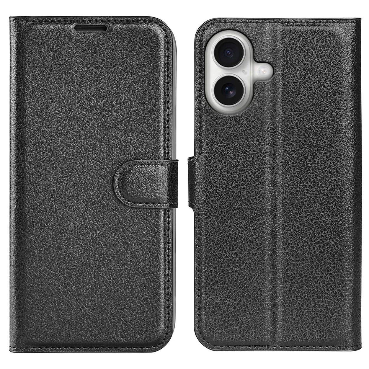 Zwarte leren telefoonhoes, open. Kenmerken zijn een magnetische sluiting, uitsparingen voor de camera en een getextureerd oppervlak.