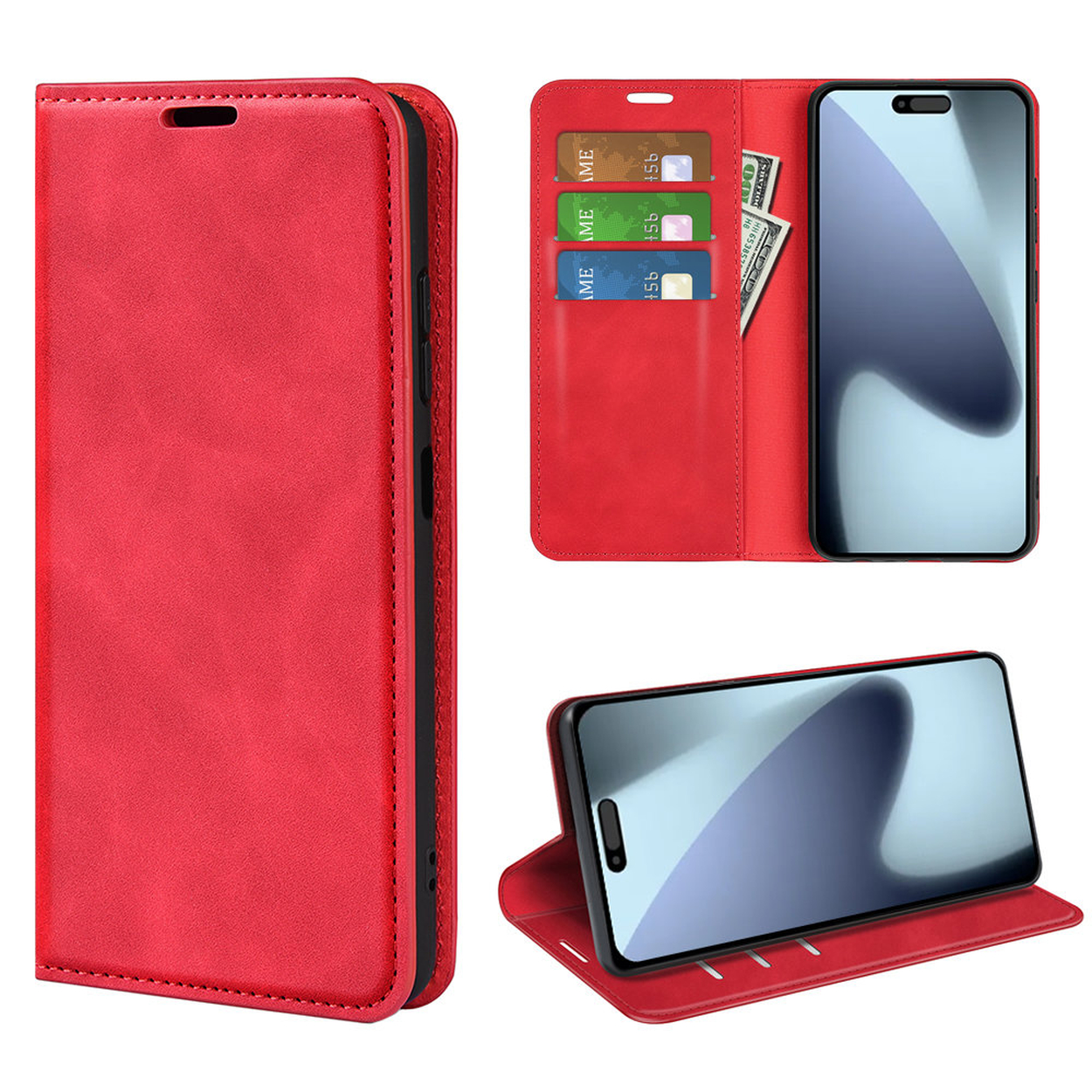 Étui de téléphone rouge avec téléphone à l'intérieur, emplacements pour cartes et argent. Le téléphone est dans trois positions différentes.