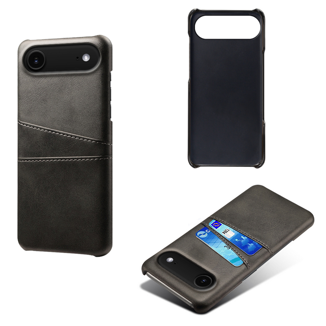 Drie telefoonhoesjes: grijze lederen hoes, zwarte hoes en grijze hoes met creditcards in een vak.