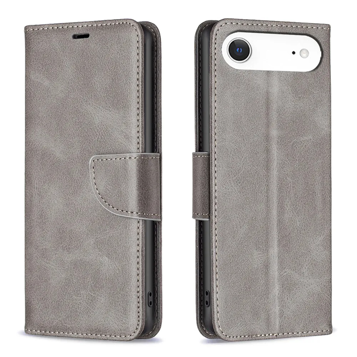 Étui de téléphone en cuir gris en deux parties, ouvert et fermé. Le côté ouvert révèle une caméra et des boutons de téléphone.