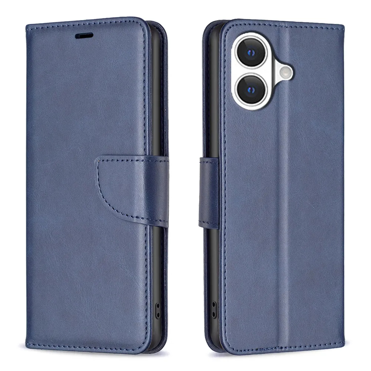 Blauwe leren telefoonhoes, open en dicht. De open hoes onthult de cameralens. Stikdetails zichtbaar op de randen.