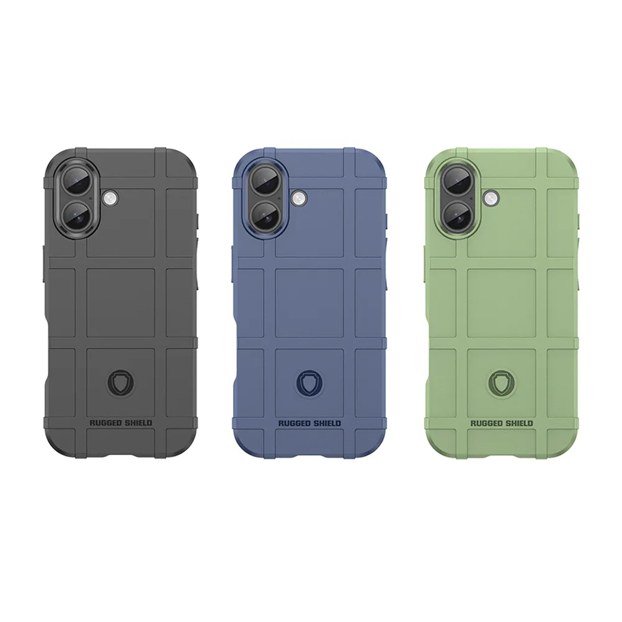 Drei Handyhüllen: schwarz, blau und grün. Jede hat duale Kameraausschnitte, ein Rastermuster und den Text 'Rugged Shield'.
