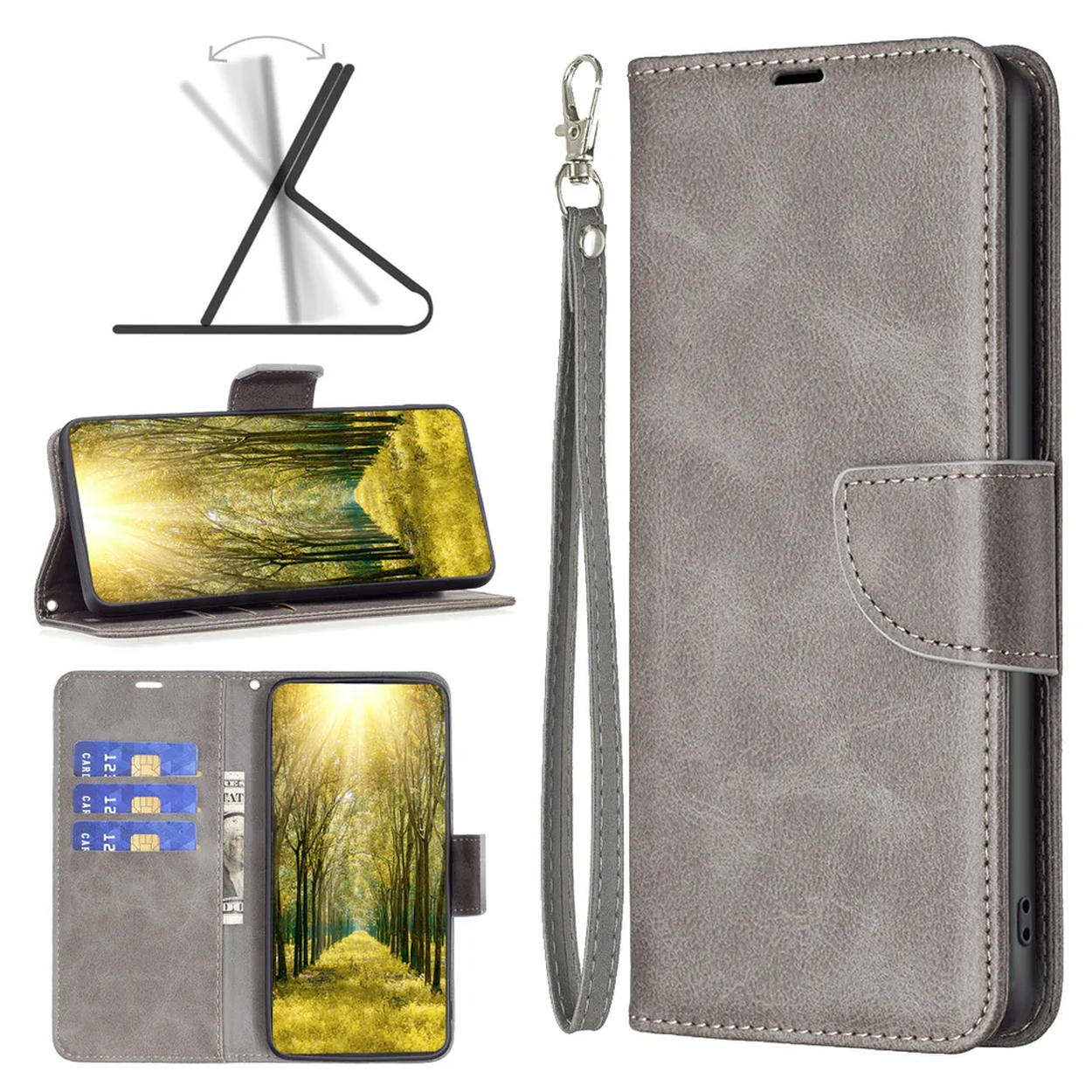 Grijze telefoonhoes met een telefoon die een bospad laat zien. Inclusief standaard, kaarten en riem.