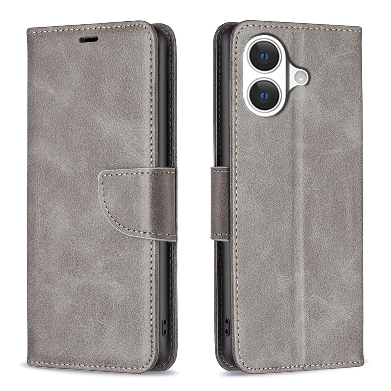 Grijze leren telefoonhoes open en dicht. De hoes heeft stiksels en een magnetische sluiting.