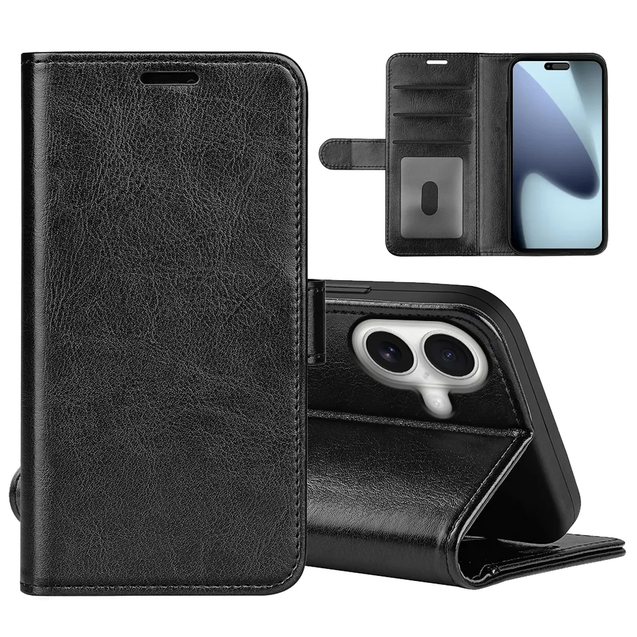 Zwarte leren telefoonhoes met portemonnee-functie. Toont een telefoon binnenin, plus meerdere weergaven van hoes en telefoon.