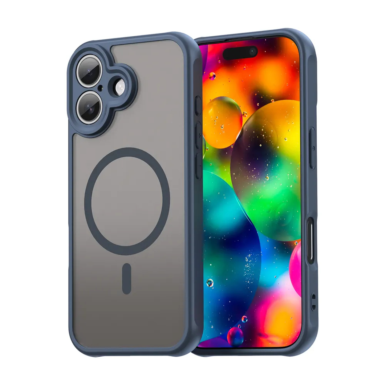Een blauwe telefoonhoes met een doorzichtige achterkant en een telefoon met een kleurrijke achtergrond, op een witte achtergrond.