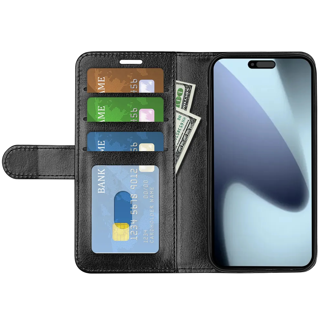 Een zwarte telefoonhoes is open en onthult een telefoon, kaarten en geld. Kaarten zitten in sleuven, een telefoon rechts. Geld is zichtbaar.