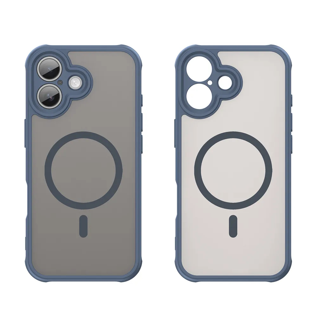 Twee telefoonhoesjes naast elkaar. Elk heeft een blauw frame, een doorzichtige achterkant en een donkergrijze cirkel.