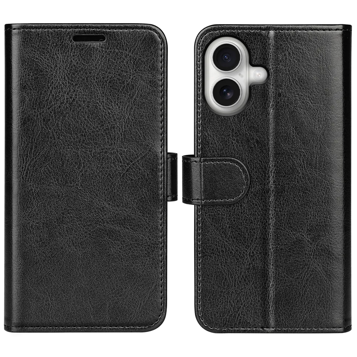 Zwarte leren telefoonhoes, open om de binnenkant te laten zien, met camera-uitsparing en magnetische sluiting.