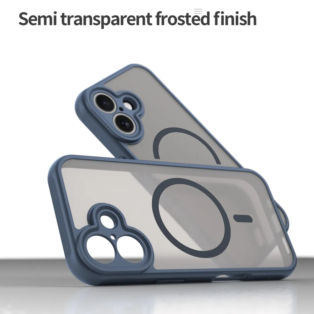 Twee blauwe telefoonhoesjes met semi-transparante achterkanten. Eén hoesje ligt bovenop de ander, met uitsparingen voor camera en oplaadpoort.