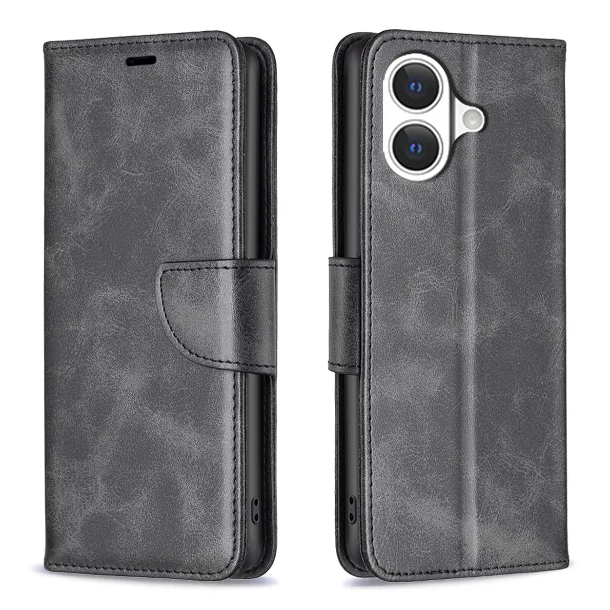 Een grijze leren telefoonhoes, opengeklapt om de telefoon te laten zien. De hoes heeft een magnetische sluiting en een getextureerde afwerking.