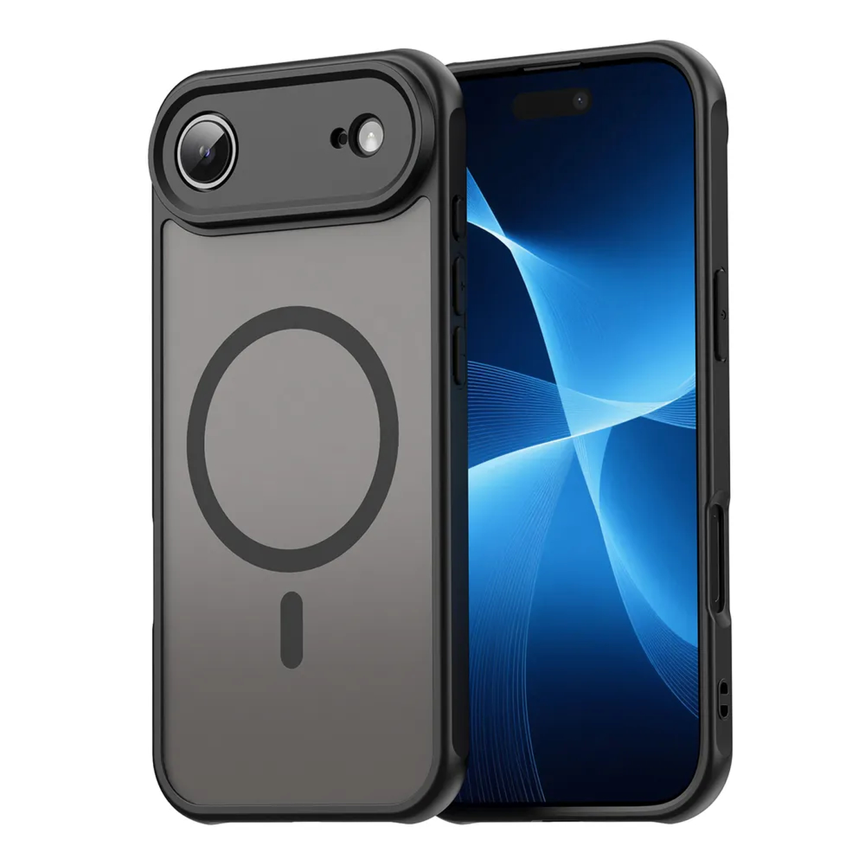 Een smartphone in een zwarte hoes. De hoes heeft een uitsparing voor de camera en een magnetische cirkel. Het scherm toont een blauw ontwerp.