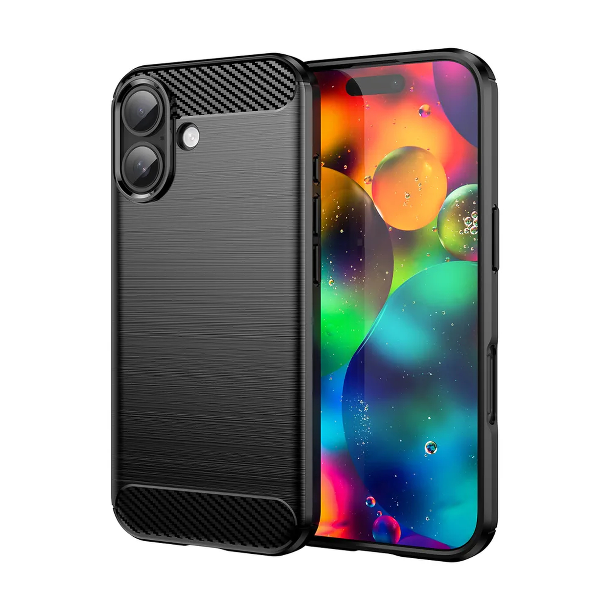 Zwarte telefoonhoes met een textuur achterkant en een kleurrijk scherm met olie-achtige bellen, geïsoleerd op wit.