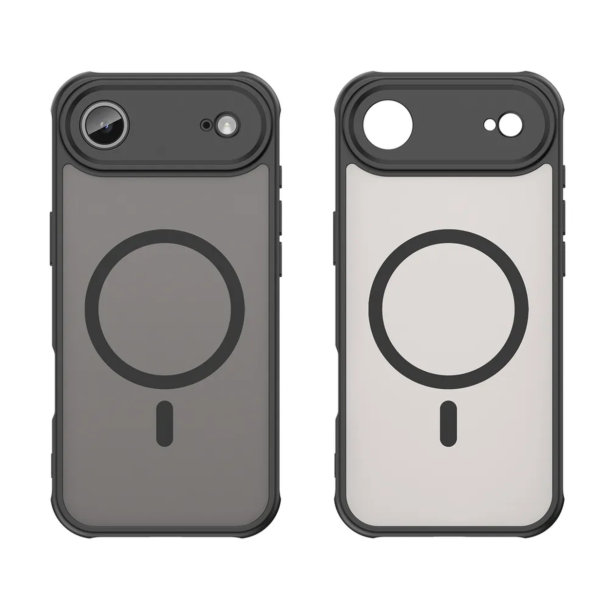 Twee telefoonhoesjes naast elkaar. Eén is grijs, één is wit. Beide hebben zwarte frames, cirkels en camera-uitsparingen.