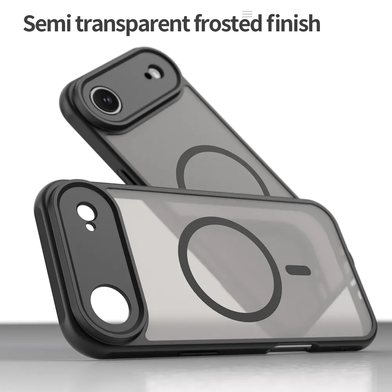 Twee semi-transparante, mat afgewerkte telefoonhoesjes zijn op elkaar gestapeld. Eén is iets schuin, met een camera en een cirkelvormig ontwerp.