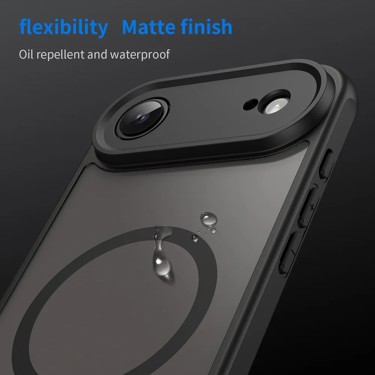Zwarte telefoonhoes met doorzichtige achterkant, druppel en cameralens. Bovenstaande tekst: flexibiliteit, matte afwerking, olieafstotend en waterdicht.