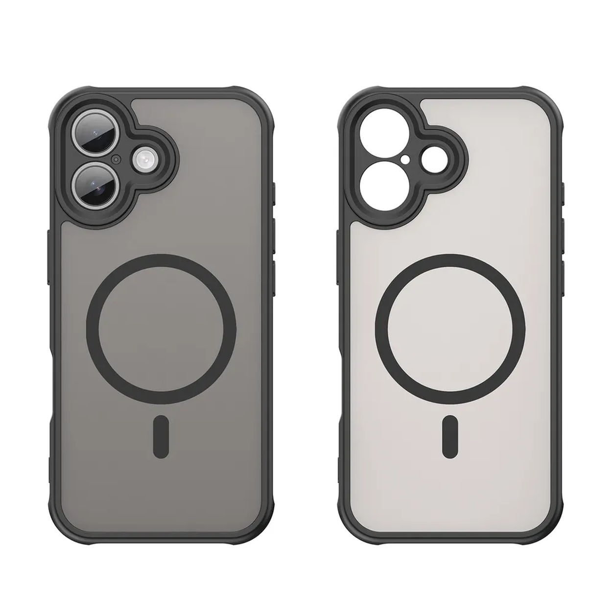 Twee telefoonhoesjes, één grijs en één wit, met zwarte randen en cirkelvormige magnetische oplaadpads. Elk heeft camera-uitsparingen.