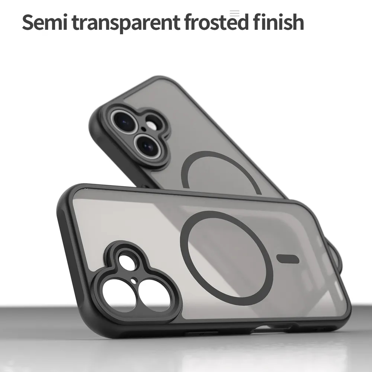 Twee transparante telefoonhoesjes. Eén bovenop de andere. Zwarte randen, grijze transparante midden. Witte achtergrond.