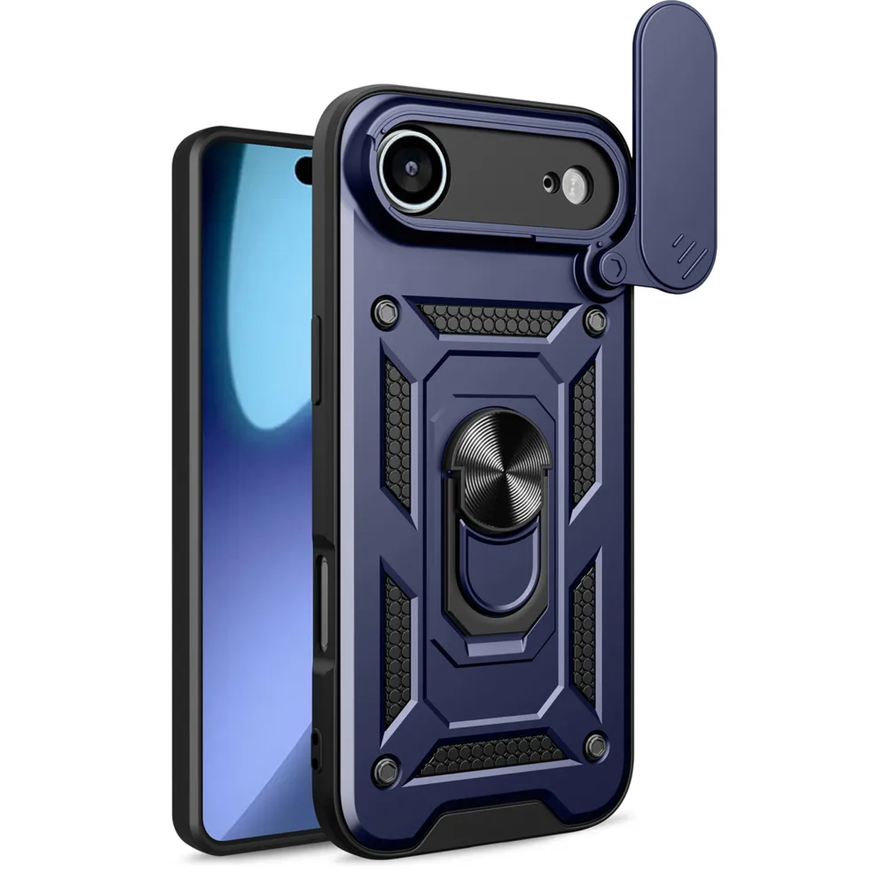Een blauwe telefoonhoes met een ringhouder en een cameralensafdekking. Er zit een telefoon in de hoes. De hoes staat op een witte achtergrond.