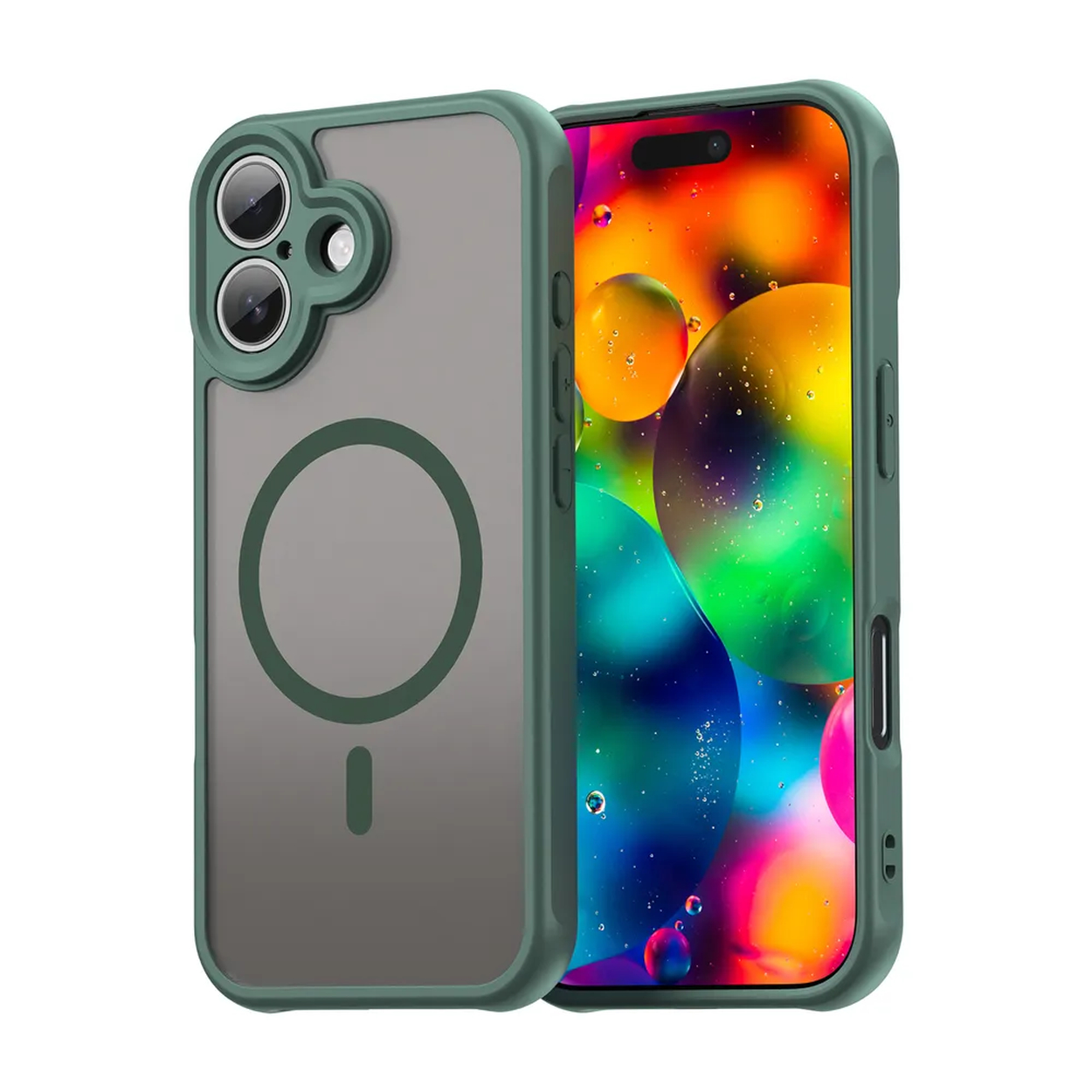 Twee groene telefoonhoesjes, één met een telefoon met kleurrijke bellen, de andere leeg. Beide op een witte achtergrond.