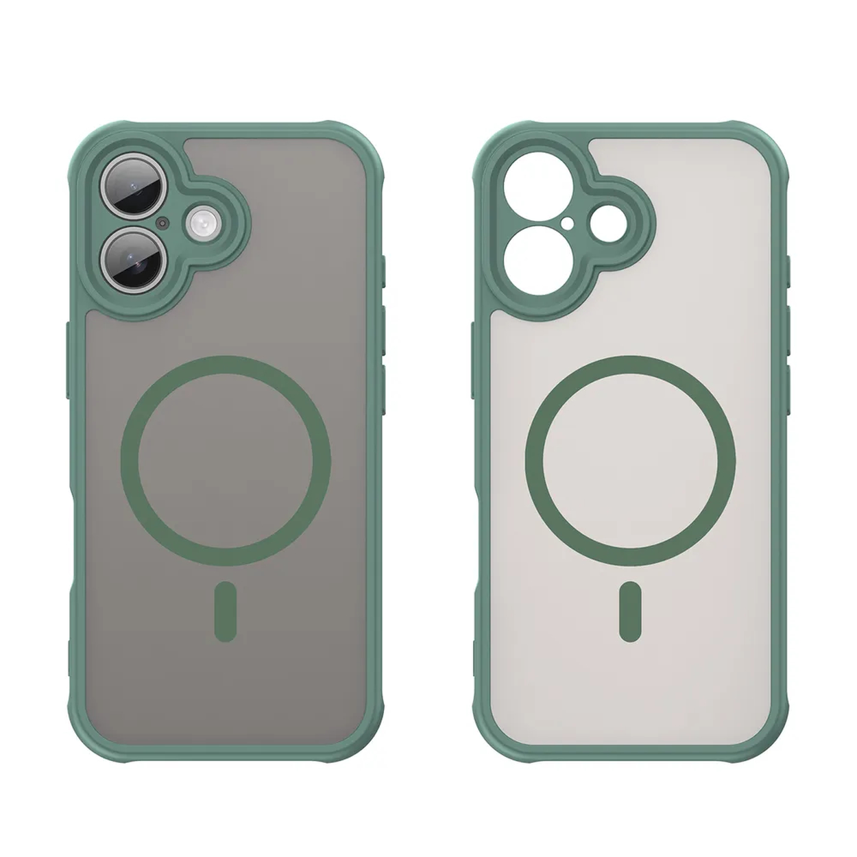 Twee telefoonhoesjes. Elk heeft een groen frame, een doorzichtige achterkant en een groen cirkelvormig MagSafe-ontwerp. Eén is grijs, de ander wit.