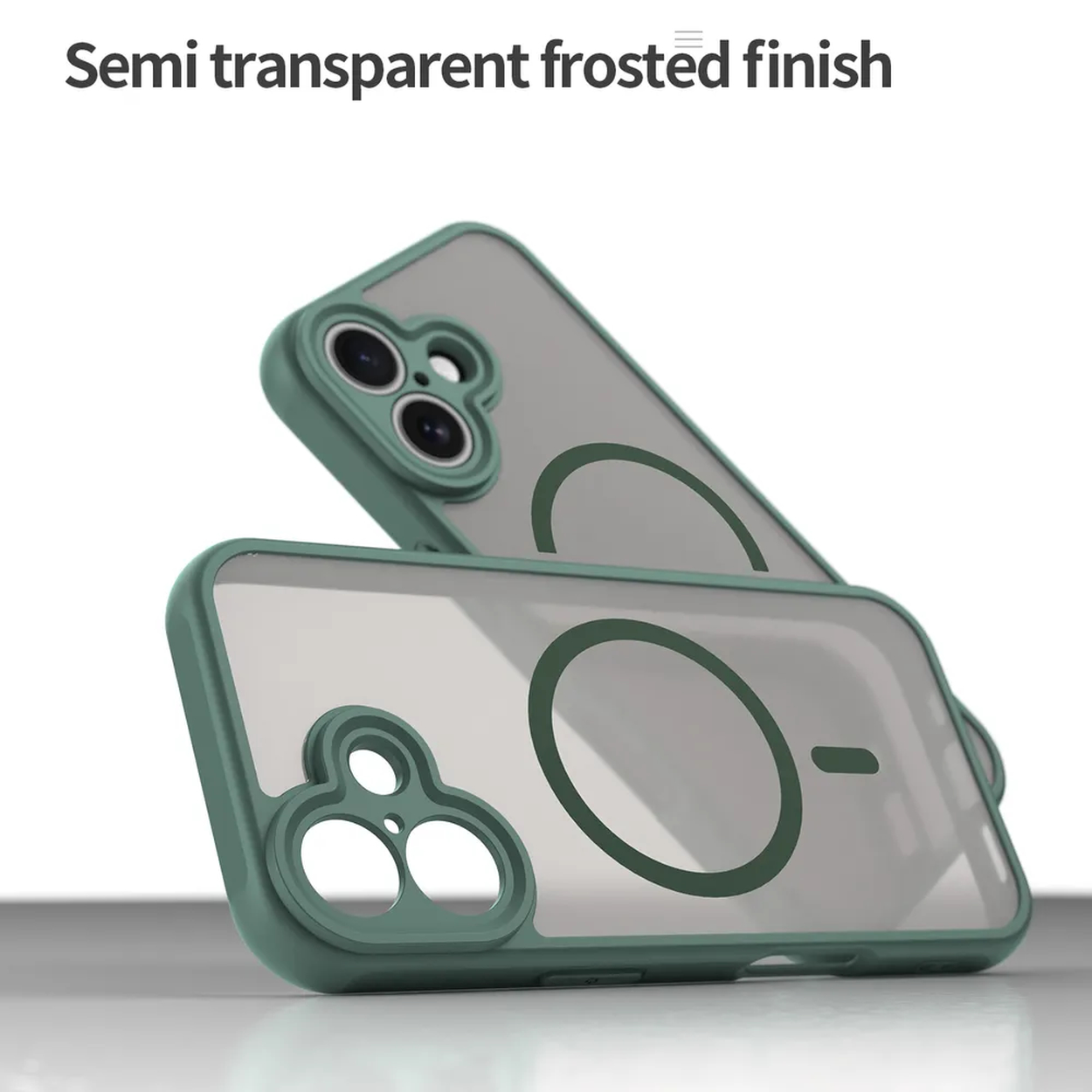 Twee semi-transparante telefoonhoesjes met groene randen. Eén ligt bovenop en toont cameraholes en een cirkelvormig ontwerp. De achtergrond is wit.