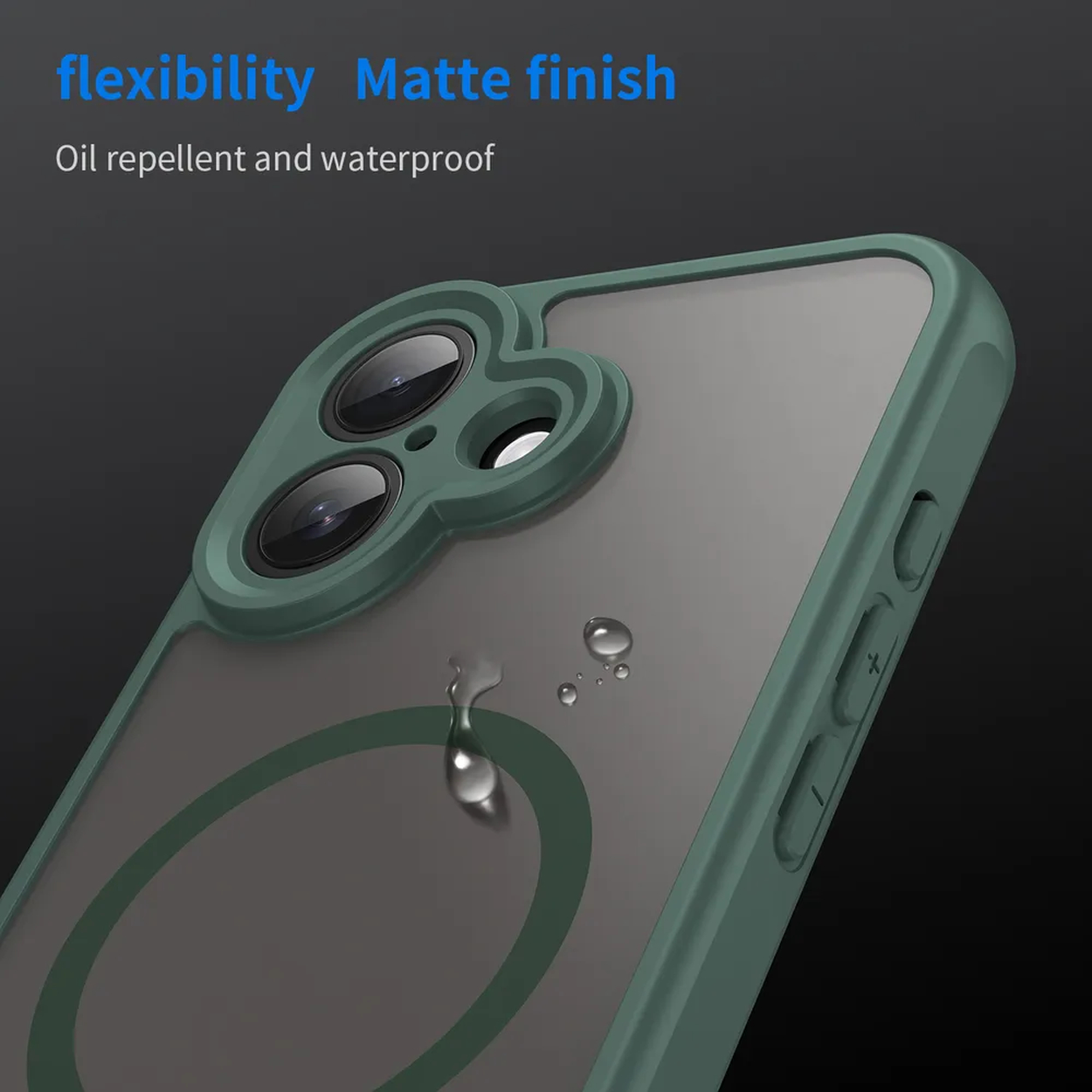 Close-up van een groene telefoonhoes met matte afwerking. Waterdruppels op het oppervlak. De hoes heeft uitsparingen voor camera en knoppen.