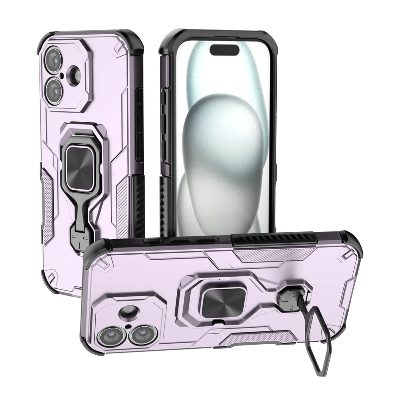 Drie beschermende telefoonhoesjes met een ringhouder. De hoesjes zijn lichtpaars met zwarte accenten en zijn ontworpen voor telefoons met meerdere camera's.