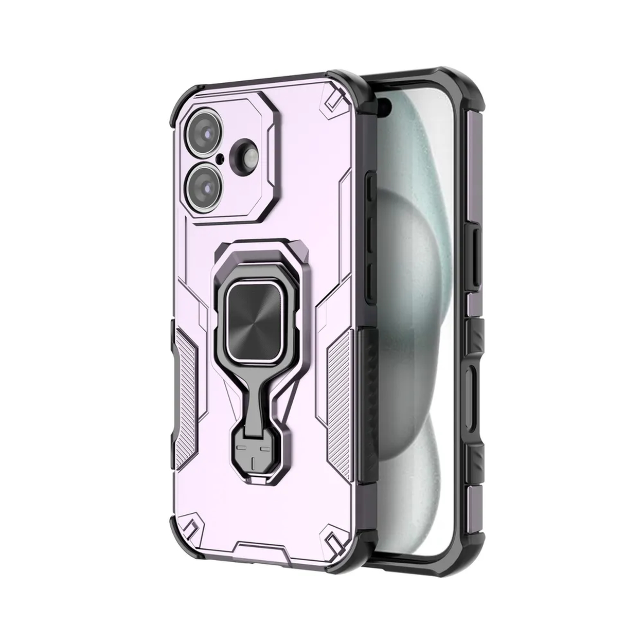 Een roze telefoonhoesje met een zwart frame. Het heeft een ringhouder en uitsparingen voor de camera.