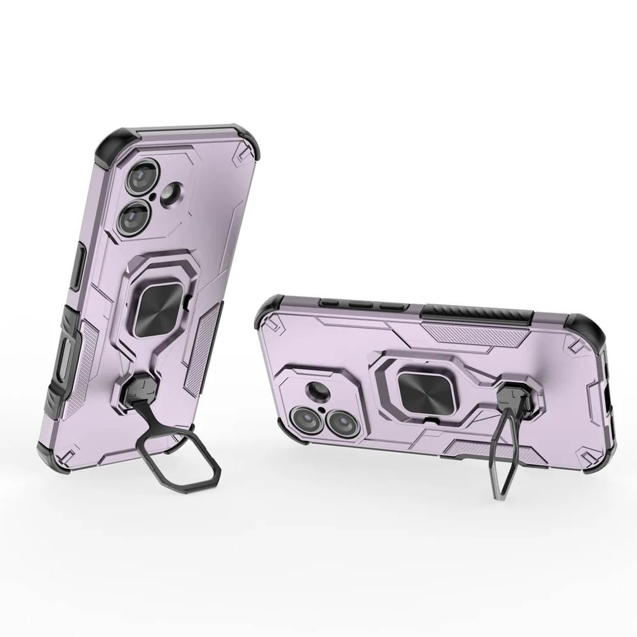 Twee paarse telefoonhoesjes met zwarte accenten. Eén staat, de andere ligt plat. Beide hebben ringhouders en drievoudige camera's.