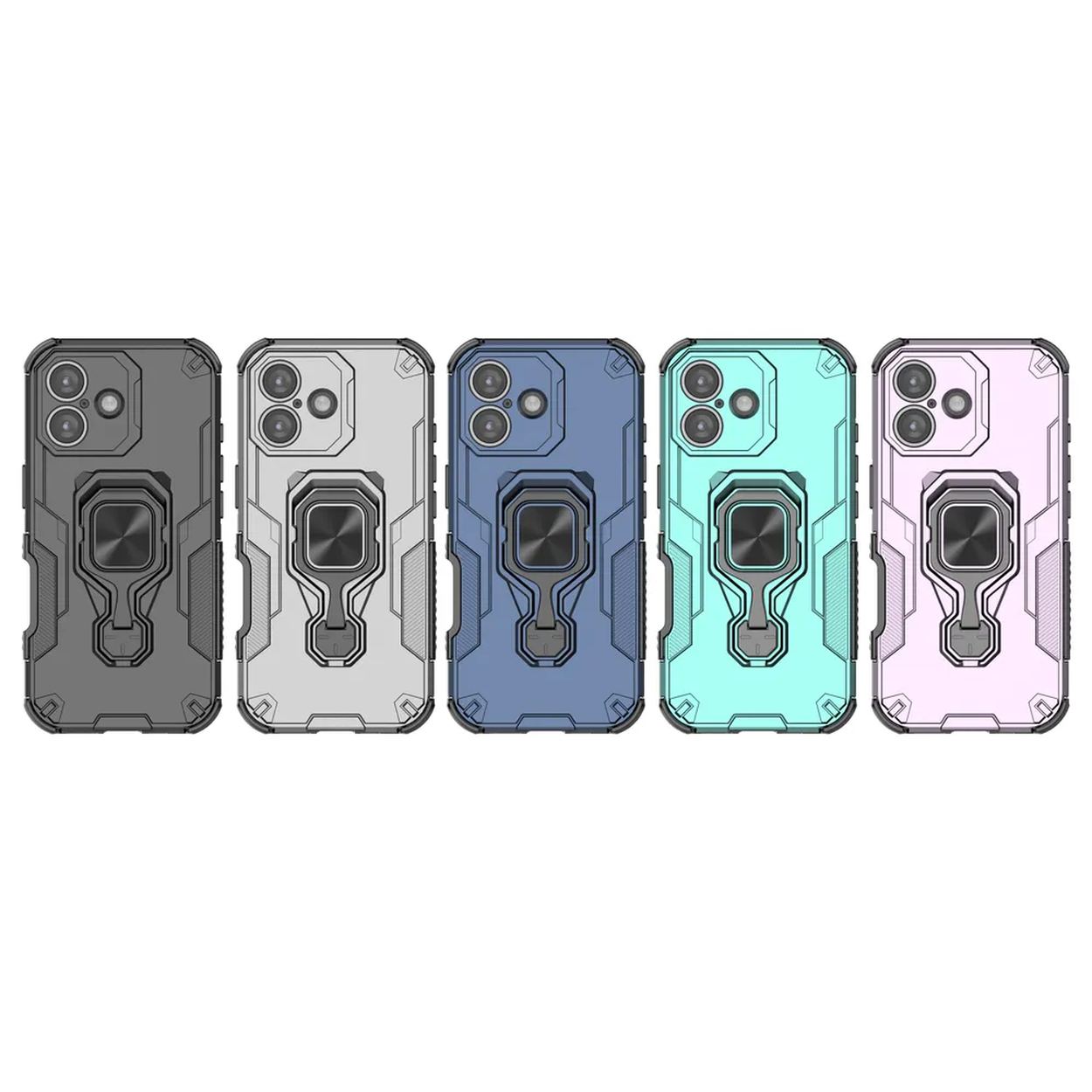 Vijf telefoonhoesjes op een rij, elk met een ringhouder. Kleuren: grijs, wit, blauw, groen en roze. Elk heeft een camera en een houder.